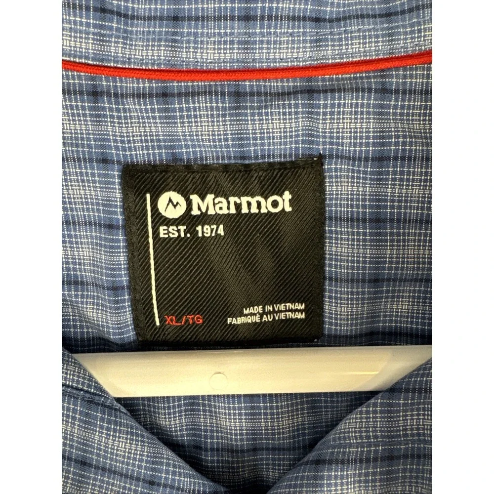 Marmot Short Sleeve Button Up‎ Camp Shirt Mens XL Performance Blue Plaid Hike - Picture 4 of 9